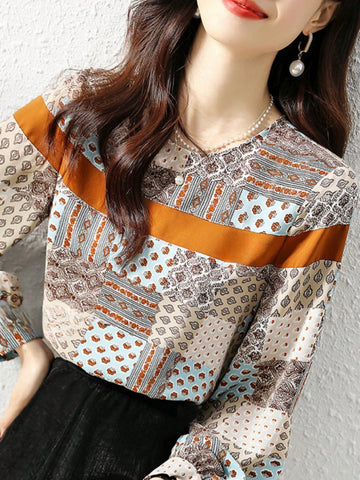 New Spring Autumn Original Design Loose Digital Print Colorblock Women Shirt