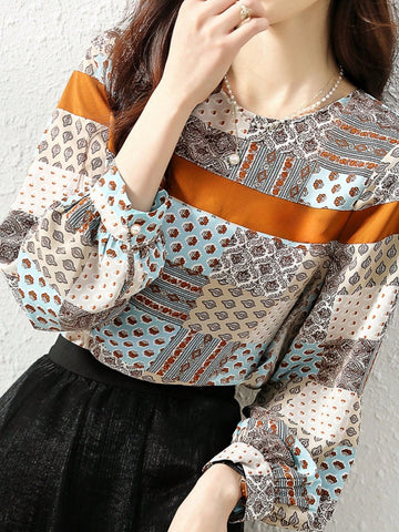 New Spring Autumn Original Design Loose Digital Print Colorblock Women Shirt