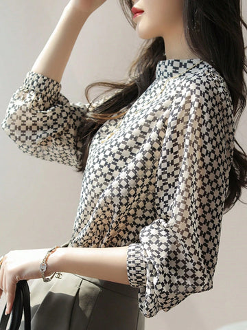 Semi-High Collar Chiffon Printed Long Sleeve Blouse, Spring & Autumn Original Design Versatile Loose Fit Slimming Shirts