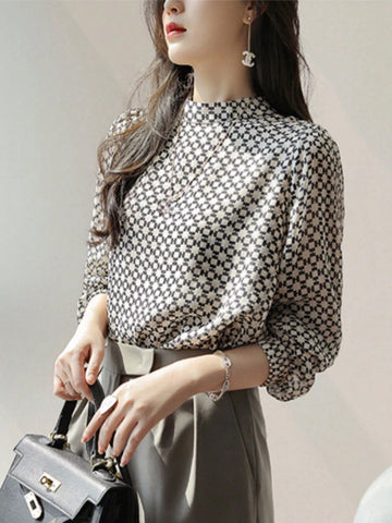Semi-High Collar Chiffon Printed Long Sleeve Blouse, Spring & Autumn Original Design Versatile Loose Fit Slimming Shirts