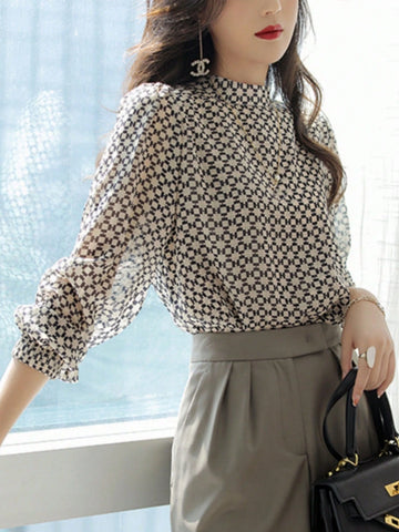 Semi-High Collar Chiffon Printed Long Sleeve Blouse, Spring & Autumn Original Design Versatile Loose Fit Slimming Shirts