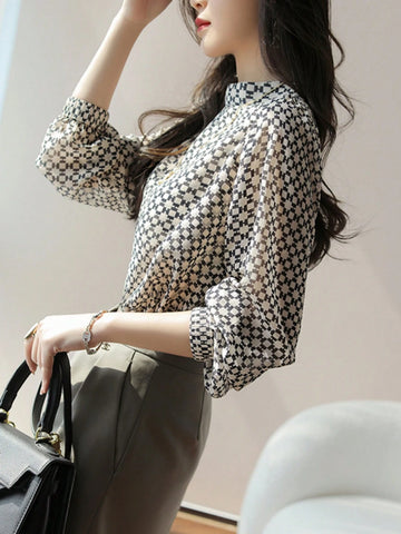 Semi-High Collar Chiffon Printed Long Sleeve Blouse, Spring & Autumn Original Design Versatile Loose Fit Slimming Shirts