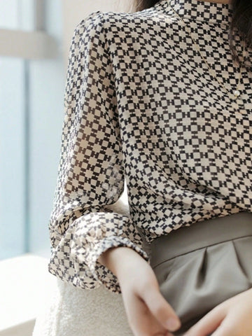 Semi-High Collar Chiffon Printed Long Sleeve Blouse, Spring & Autumn Original Design Versatile Loose Fit Slimming Shirts