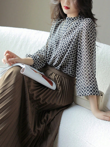Semi-Turtleneck Chiffon Floral Print Long Sleeve Top, Spring/Autumn Original Design Versatile Loose Blouse