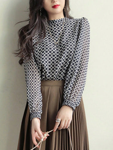 Semi-Turtleneck Chiffon Floral Print Long Sleeve Top, Spring/Autumn Original Design Versatile Loose Blouse