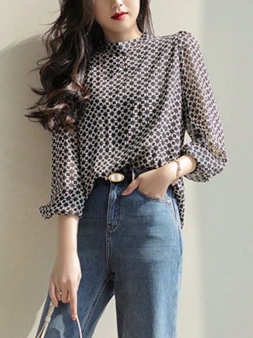 Semi-Turtleneck Chiffon Floral Print Long Sleeve Top, Spring/Autumn Original Design Versatile Loose Blouse