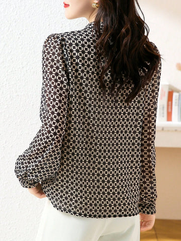 Semi-Turtleneck Chiffon Floral Print Long Sleeve Top, Spring/Autumn Original Design Versatile Loose Blouse