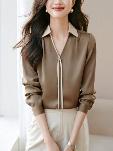 V-Neck Casual Shirt, Minimalist Drape Formal Blouse