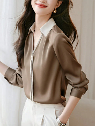 V-Neck Casual Shirt, Minimalist Drape Formal Blouse