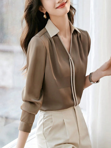 V-Neck Casual Shirt, Minimalist Drape Formal Blouse
