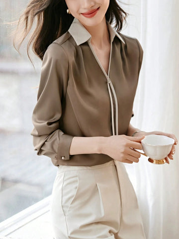 V-Neck Casual Shirt, Minimalist Drape Formal Blouse Top, Spring Autumn New Style