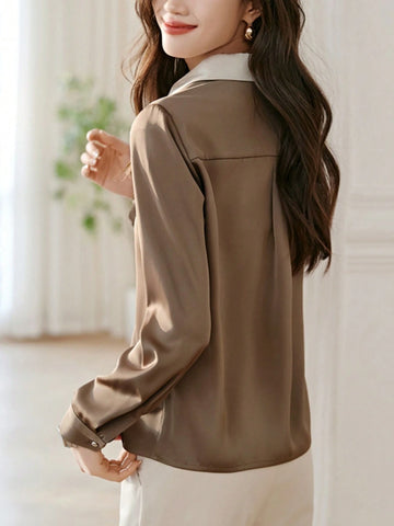 V-Neck Casual Shirt, Minimalist Drape Formal Blouse