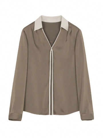 V-Neck Casual Shirt, Minimalist Drape Formal Blouse Top, Spring Autumn New Style