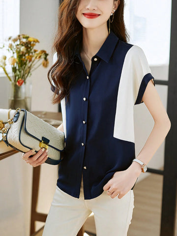 Women's Fashionable Color Block Short Sleeve Shirt, Intellectual Elegant Elegant Rejuvenating Blouse For Summer