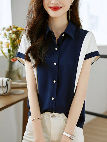 Women's Fashionable Color Block Short Sleeve Shirt, Intellectual Elegant Elegant Rejuvenating Blouse For Summer