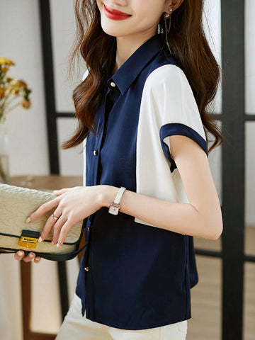 Women's Fashionable Color Block Short Sleeve Shirt, Intellectual Elegant Elegant Rejuvenating Blouse For Summer
