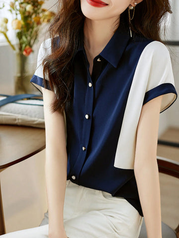 Women's Fashionable Color Block Short Sleeve Shirt, Intellectual Elegant Elegant Rejuvenating Blouse For Summer