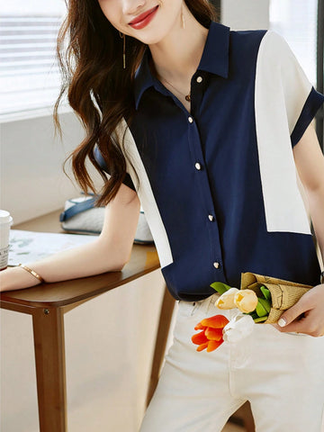 Women's Fashionable Color Block Short Sleeve Shirt, Intellectual Elegant Elegant Rejuvenating Blouse For Summer