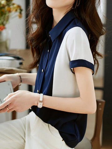Women's Fashionable Color Block Short Sleeve Shirt, Intellectual Elegant Elegant Rejuvenating Blouse For Summer