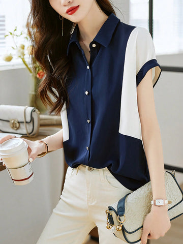 Women's Fashionable Color Block Short Sleeve Shirt, Intellectual Elegant Elegant Rejuvenating Blouse For Summer