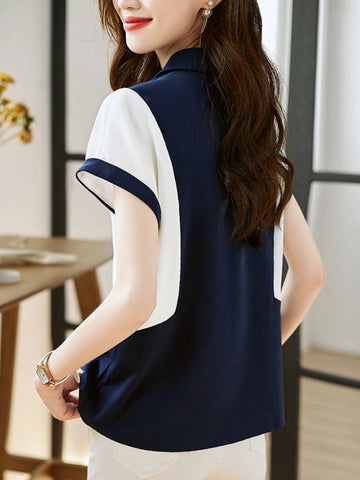 Women's Fashionable Color Block Short Sleeve Shirt, Intellectual Elegant Elegant Rejuvenating Blouse For Summer