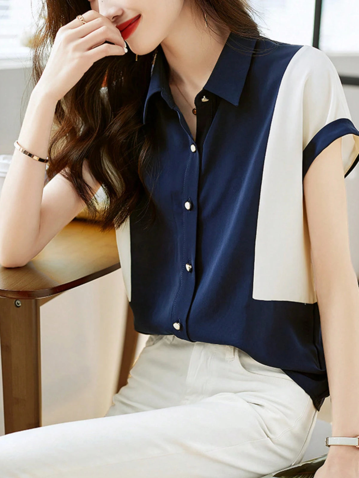 Women's Fashionable Color Block Short Sleeve Shirt, Intellectual Elegant Elegant Rejuvenating Blouse For Summer