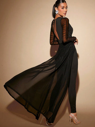 Women'S Sheer Mesh Patchwork Jumpsuit With Drape Design