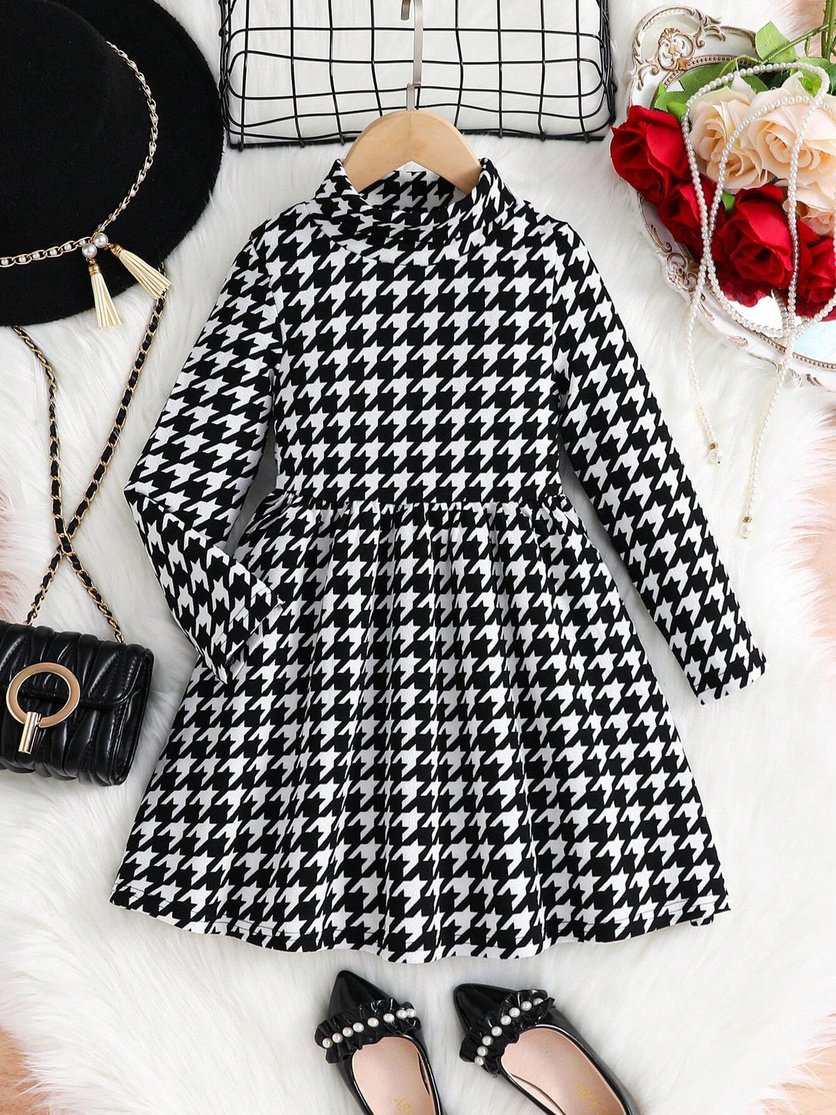 Young Girl All-Match Plaid Print Mock Neck Dress Without Belt, Fall, Winter, Preppy, Back To School, Casual And Versatile,