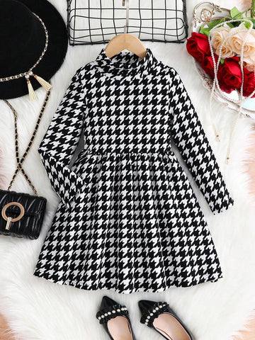 Young Girl All-Match Plaid Print Mock Neck Dress Without Belt, Fall, Winter, Preppy, Back To School, Casual And Versatile,