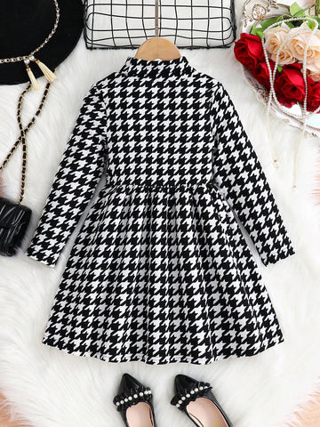 Young Girl All-Match Plaid Print Mock Neck Dress Without Belt, Fall, Winter, Preppy, Back To School, Casual And Versatile,