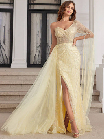 Yellow Luxury Hand Beading Formal Evening Dresses With High Slit DuBai One Shoulder Long Sleeves Pageant Dress