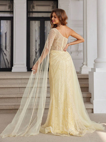 Yellow Luxury Hand Beading Formal Evening Dresses With High Slit DuBai One Shoulder Long Sleeves Pageant Dress