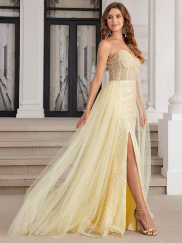 Yellow Luxury Hand Beading Formal Evening Dresses With High Slit DuBai One Shoulder Long Sleeves Pageant Dress
