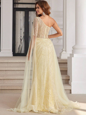 Yellow Luxury Hand Beading Formal Evening Dresses With High Slit DuBai One Shoulder Long Sleeves Pageant Dress