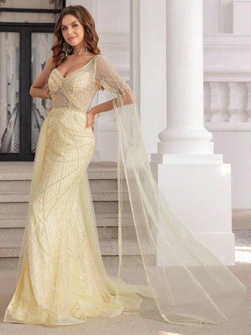 Yellow Luxury Hand Beading Formal Evening Dresses With High Slit DuBai One Shoulder Long Sleeves Pageant Dress
