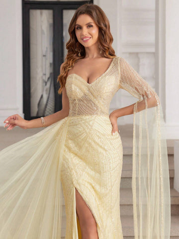 Yellow Luxury Hand Beading Formal Evening Dresses With High Slit DuBai One Shoulder Long Sleeves Pageant Dress