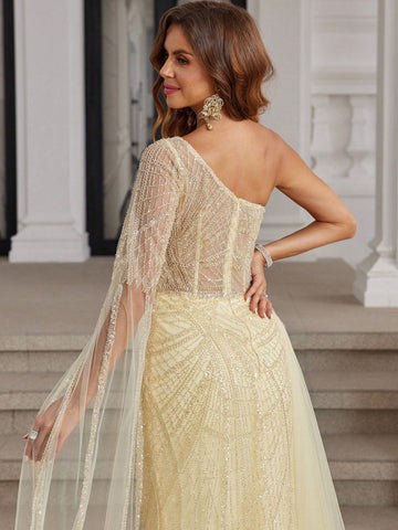Yellow Luxury Hand Beading Formal Evening Dresses With High Slit DuBai One Shoulder Long Sleeves Pageant Dress