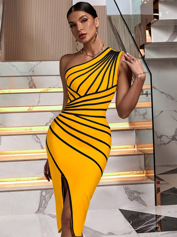 Yellow Striped One Shoulder Bandage Dress