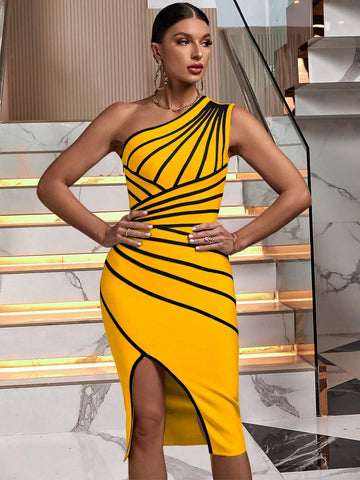 Yellow Striped One Shoulder Bandage Dress