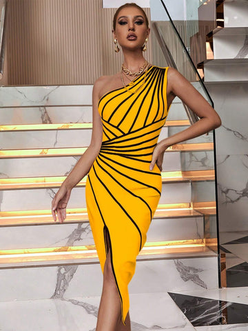 Yellow Striped One Shoulder Bandage Dress