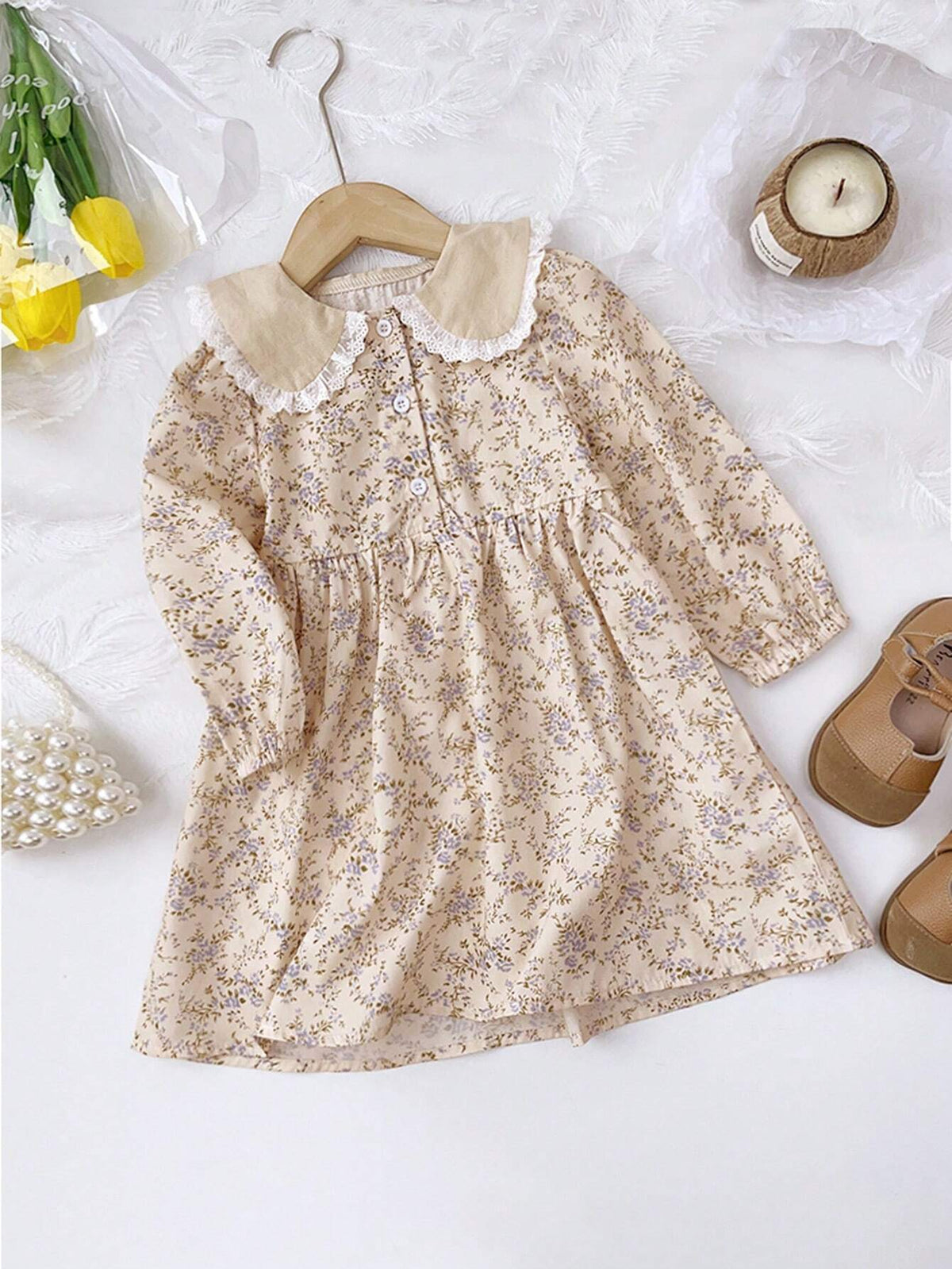 YoungGirls Toddler Girls Cute Ditsy Floral Ruffle Collar Casual Dress, Spring Autumn