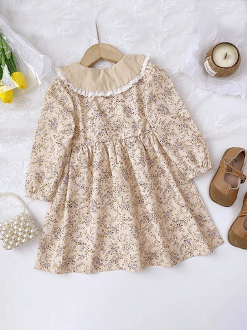 YoungGirls Toddler Girls Cute Ditsy Floral Ruffle Collar Casual Dress, Spring Autumn