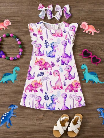 Young Boy Casual And Simple Dinosaur Printed Ruffled Dress, Suitable For Summer