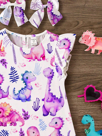 Young Boy Casual And Simple Dinosaur Printed Ruffled Dress, Suitable For Summer
