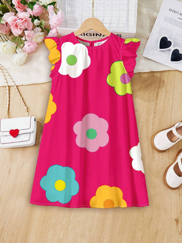 Young Boy Casual Simple Flower Printed Dress With Ruffled Hem, Suitable For Summer