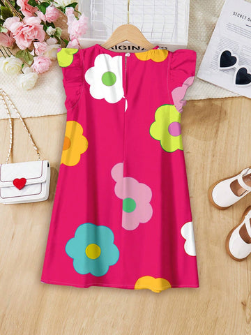 Young Boy Casual Simple Flower Printed Dress With Ruffled Hem, Suitable For Summer