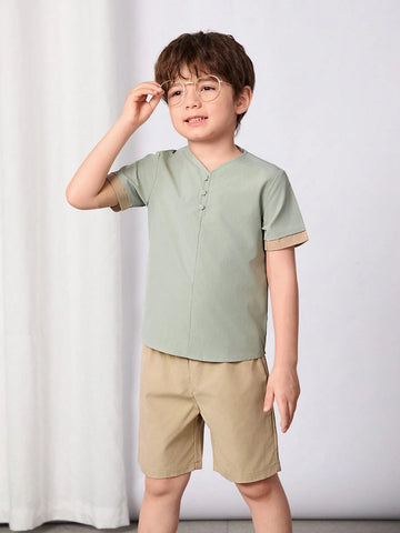 Young Boy Color Block Button Details Short Sleeve Top And Shorts Hanfu Outfit