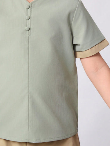 Young Boy Color Block Button Details Short Sleeve Top And Shorts Hanfu Outfit