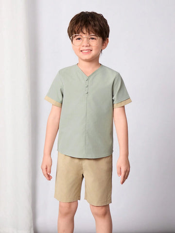 Young Boy Color Block Button Details Short Sleeve Top And Shorts Hanfu Outfit