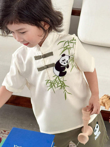 Young Boy Combination Casual Short-Sleeved Shirt With Panda Patterned Flat Buckle Shorts Hanfu